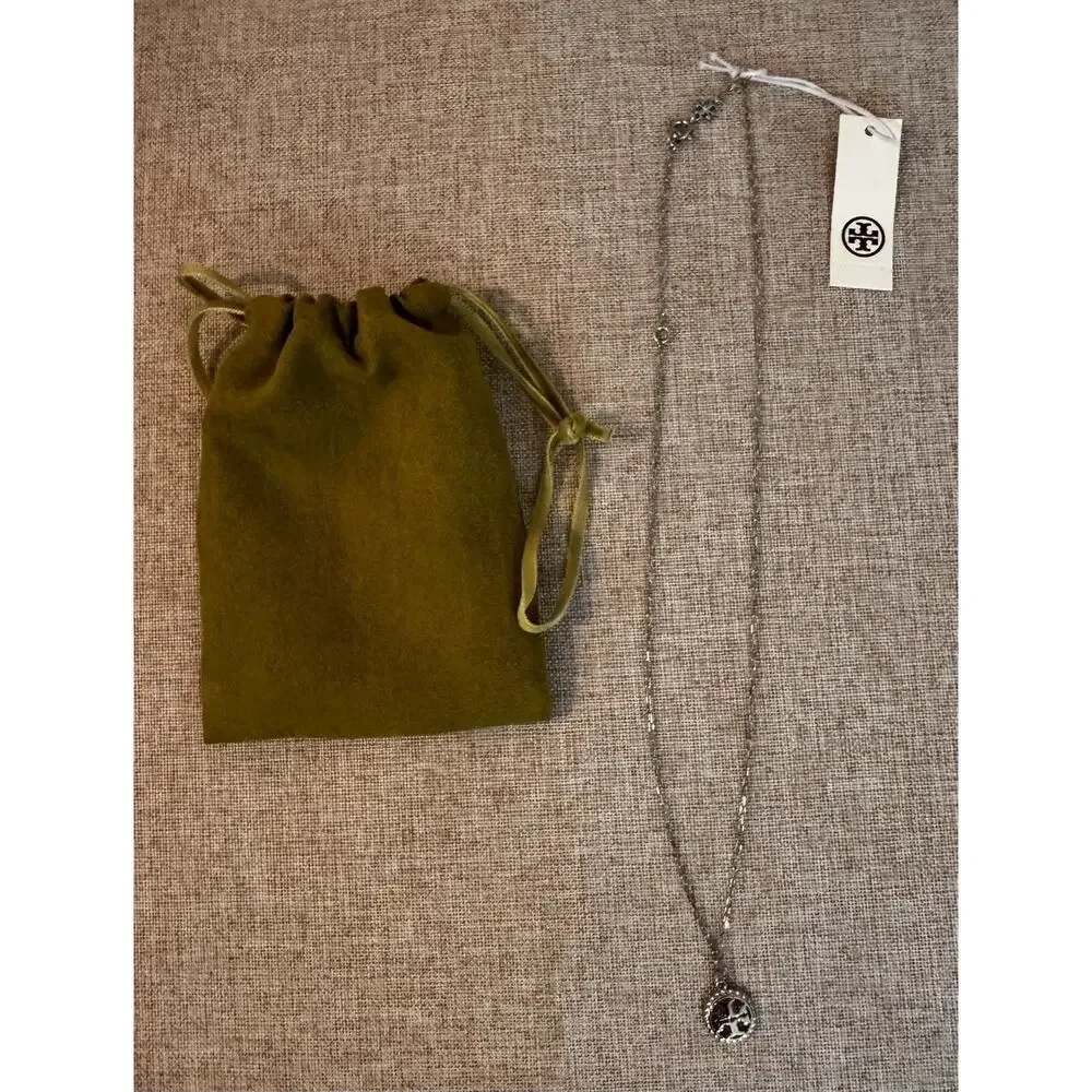 Tory Burch Miller Small Rope Logo Pendant Necklace Silver Tone Chain 18 inch.
